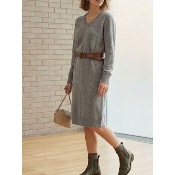Uniqlo Dresses & Skirts - UNIQLO Gray Wool Blend V-Neck Sweater Dress Medium Knit Midi Soft Minimalist